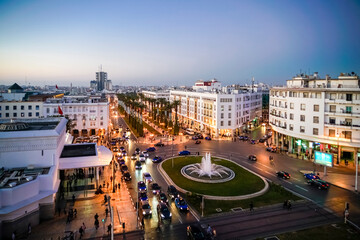 Rabat ville by sunset at Ave Mohammed V, Alawite Square from above, Rabat, Morocco