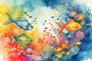 Fototapeta na wymiar Watercolor illustration of vibrant fish around underwater reef with