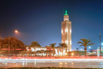 Assouna Mosque in Rabat near the royal palace illuminated at night, Rabat, Morocco