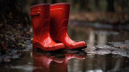 red rubber boots in puddles and swamps. generate ai - obrazy, fototapety, plakaty