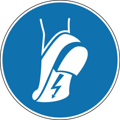 Antistatic shoe sign. Mandatory sign wear antistatic shoes. Round blue sign with a boot and a zip on the sole. Beware of static electricity. Wear safety shoes.