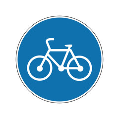 Bike path sign. Mandatory sign. Round blue sign. Path for cyclists. Road sign. White bike inside a blue circle. Obey the rules of the road. Bicycle.
