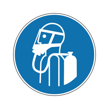 Autonomous breathing apparatus sign. Mandatory sign. Round blue sign. Danger harmful gases and lack of oxygen. Self-contained breathing apparatus must be used.