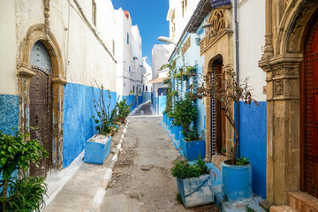 Houses in white and blue in the Kasbah of Udayas in the old Medina, Rabat, Morocco