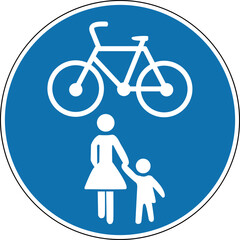 Path for cyclists and pedestrians. Walking and cycling sign. Required sign. Round blue sign. Road sign. Obey the rules of the road. Cyclist and cyclist.