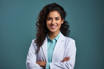 Smiling female doctor in a lab coat with arms crossed against
