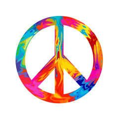 Peace sign icon with rainbow colors, hippie symbol of colorful splashes, vector illustration on transparent white background