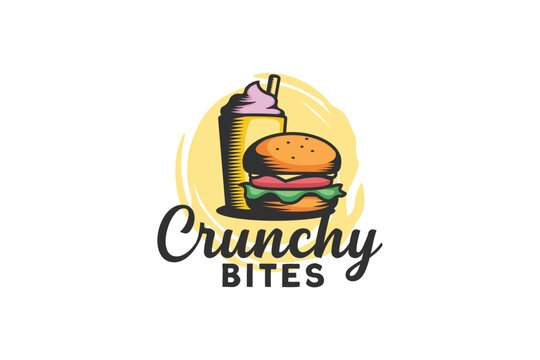 crunchy bites logo with a combination of a burger and a milkshake. great for restaurant, cafe, etc.
