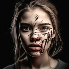 Portrait of a frightened and tormented young girl with traces of scars on her face.