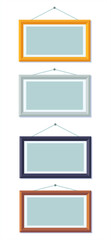 Vector illustration of realistic horizontal picture frames in different colors on wall. Picture frames in black, yellow, white and wood colors.