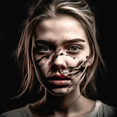 Portrait of a frightened and tormented young girl with traces of scars on her face.