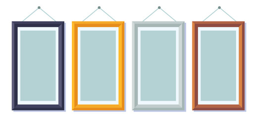 Vector illustration of realistic vertical picture frames in different colors on wall. Picture frames in black, yellow, white and wood colors.