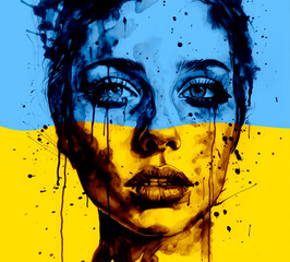 Portrait of a frightened and tormented young girl with traces of scars on her face. It symbolizes the suffering of the Ukrainian people.
