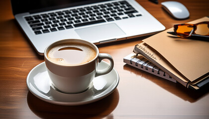 A white office desk with Moderne gadgets in white office room,laptop and coffee.generative ai
