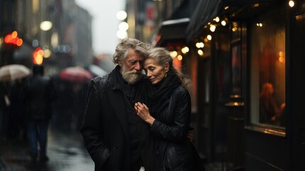 Obraz premium Senior couple standing under rain in the city, generative AI