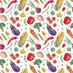 Eco vegetables seamless pattern. Hand-drawn watercolor vegies. Healthy vegetarian food background. Colorful seamless pattern with fresh vegetables isolated on white.
