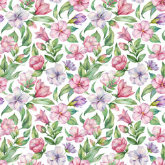 Blooming spring flowers seamless pattern on a white background. Watercolor pink and lilac hand-drawn flowers on white background for fashion, wallpapers, fabric, textile, packaging paper, and print.