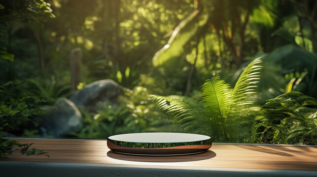 a circular glass tablet sitting on a wooden table in a green garden, in the style of tropical landscapes, rendered in cinema4d, photo-realistic landscapes, poolcore, wood, contrasting light and shadow