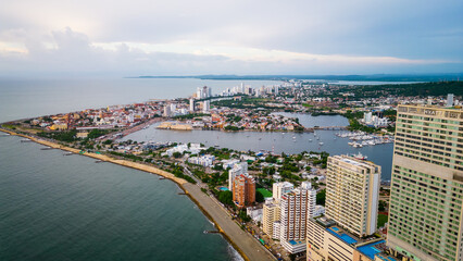 Fototapeta premium Bocagrande, Cartagena. Colombia. Drone Shot of Modern Waterfront Buildings and Hotels on Caribbean Sea