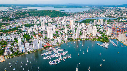 Fototapeta na wymiar Aerial over the marinas and properties of the Manga neighbourhood of Cartagena, Bolivar, Colombia. Drone 
