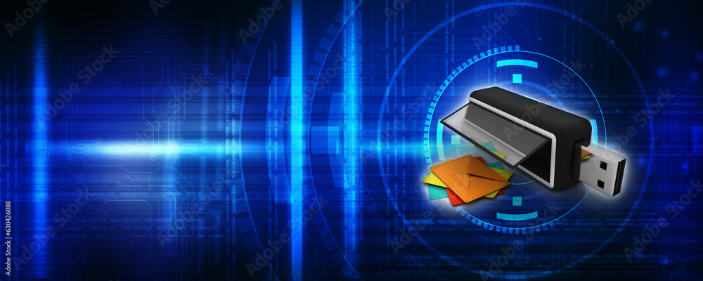 Poster 3d rendering envelope network with pen drive