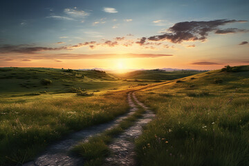 Naklejka na ściany i meble a path through a grassy field around sunset