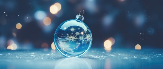 Obraz na płótnie Canvas Transparent Christmas ball on a blue background with lights. Generative AI
