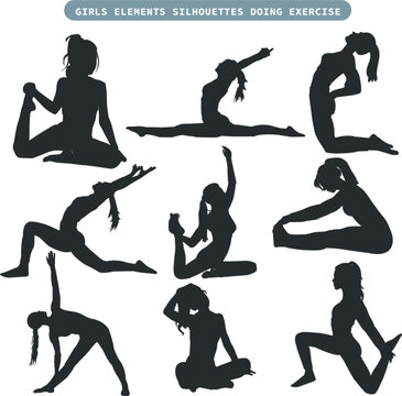 Girls  element set silhouettes doing exercise fitness