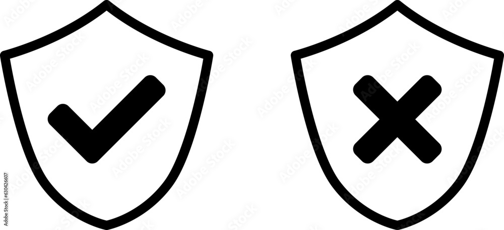 Poster shield black and white safe and unsafe security icon set with checkmark and x cross signs. vector im