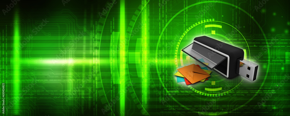 Poster 3d rendering envelope network with pen drive