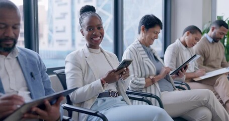 Job interview, recruitment and business with black woman in waiting room for meeting, hiring and opportunity. Process, human resources and smile with portrait of employee in office for application