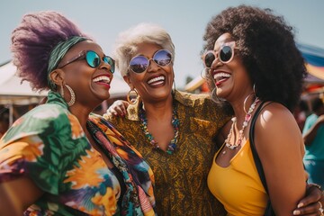a photo of three diverse middle-aged mature women in modern stylish clothes smiling at the colorful music festival, mature friendship representation. Generative AI technology
