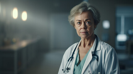 Image of mature female doctor in hospital - obrazy, fototapety, plakaty