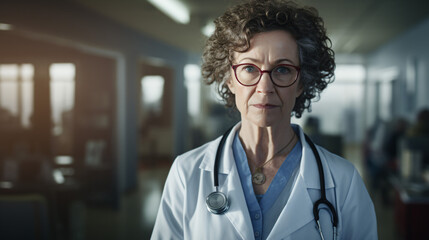 Image of mature female doctor in hospital - obrazy, fototapety, plakaty