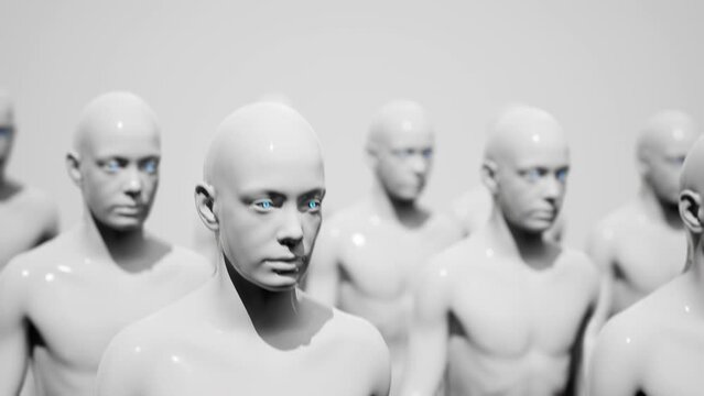 Army of robots. A crowd of cyborg workers marching in formation. 3D animation