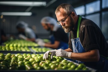 Technologists are controlling apple production quality in a food processing factory.
