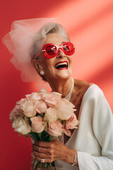  portrait of a happy elderly/old woman/grandma/bride in a wedding dress engagement anniversary fashion/beauty editorial magazine style film photography look - generative ai art
