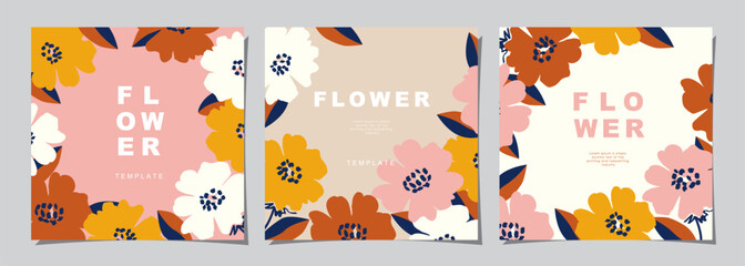 Fototapeta na wymiar Floral template set for poster, card, cover, label, banner in modern minimalist style and simple summer design templates with flowers and plants.