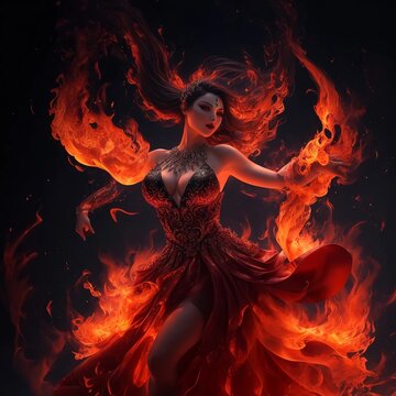 Dance of the Devil: Captivating Flames and Mesmerizing Movements.   devil woman in fire