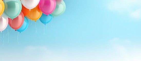A collection of colorful balloons against a light blue background, with room for text. banner design.