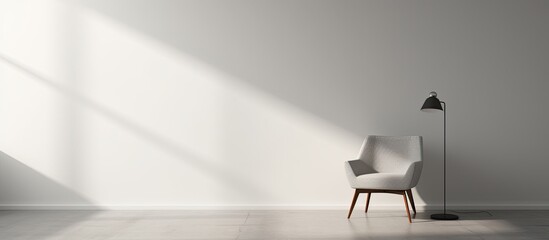 The design of the room is minimalistic, with a blank white wall, a chair, and empty space. spotlight highlighting the empty area, creating a minimal composition.