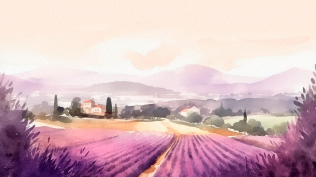 Lavender fields landscape, watercolor illustration of lavender farm. Calm painted scenery in purple colors, natural floral production