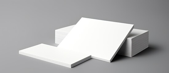 White business cards with writing space on a grey background. is digitally created and depicts business stationery and a business card.