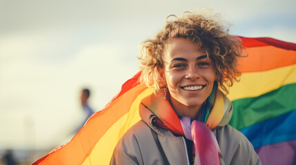 Headshot portrait of gay woman looking at camera - Happy non binary female holding rainbow flag smiling outdoors - Gay pride and lgbtq community concept - obrazy, fototapety, plakaty
