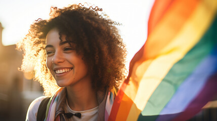 Headshot portrait of gay woman looking at camera - Happy non binary female holding rainbow flag smiling outdoors - Gay pride and lgbtq community concept - obrazy, fototapety, plakaty