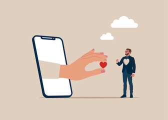 Phone keeps shape of heart. Love, instinct and romance concept. Businessman was hollowed out of the heart. Vector illustration.