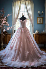 Generative AI illustration of gorgeous couture wedding dress in pink and blue pastel colors