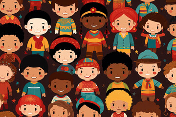 Generative AI illustration of happy multiracial children on colorful backgrounds