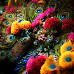 peacock feathers in exotic garden