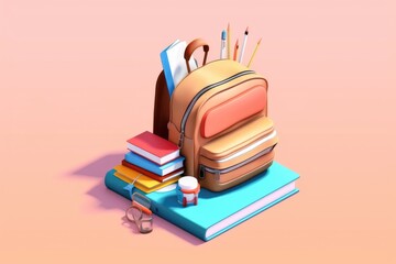 School backpack with books on pink background, generative AI